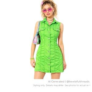 Vintage Y2K Lime Green Denim Shirt Dress Sz 8 Fitted Above-Knee